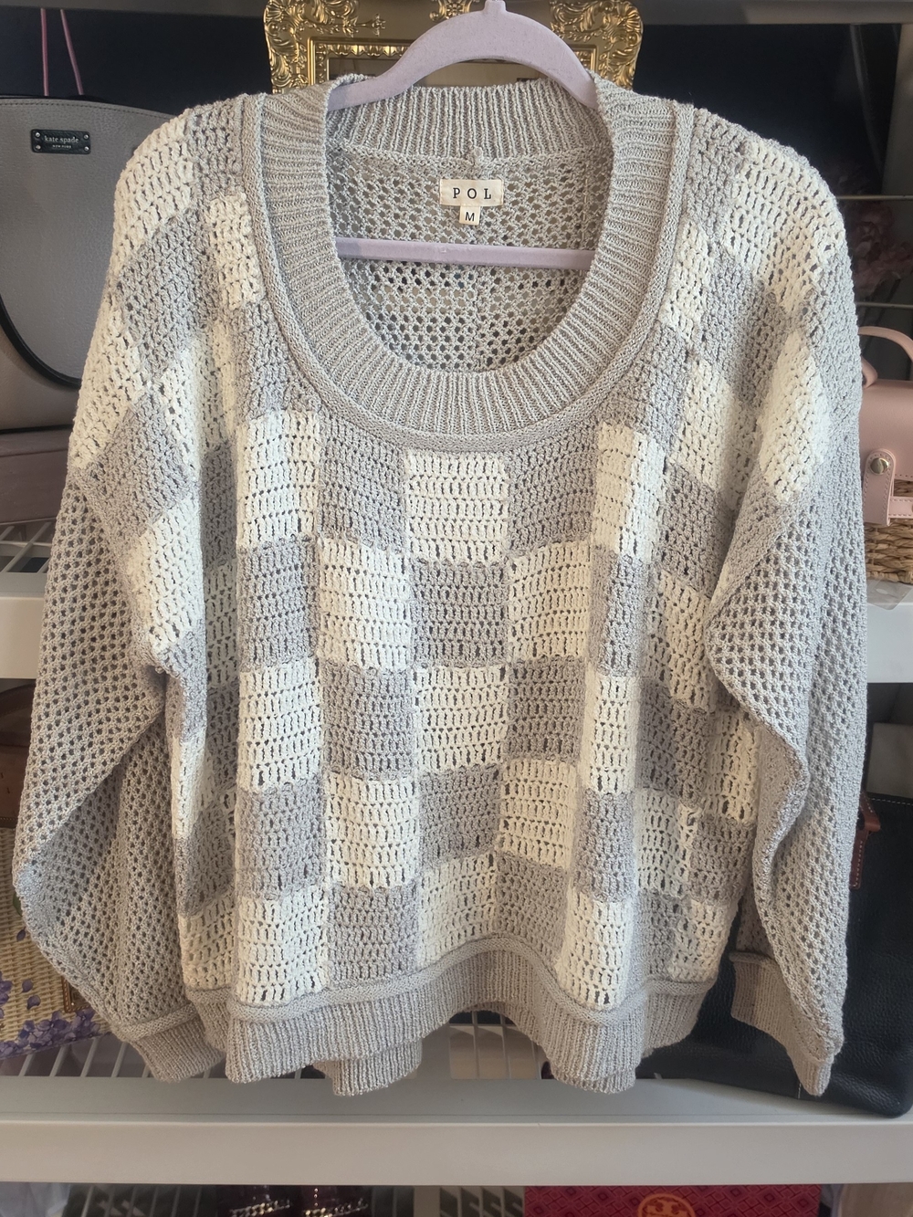 POL Open-Stitch Checkerboard Sweater in Cream and Light Gray